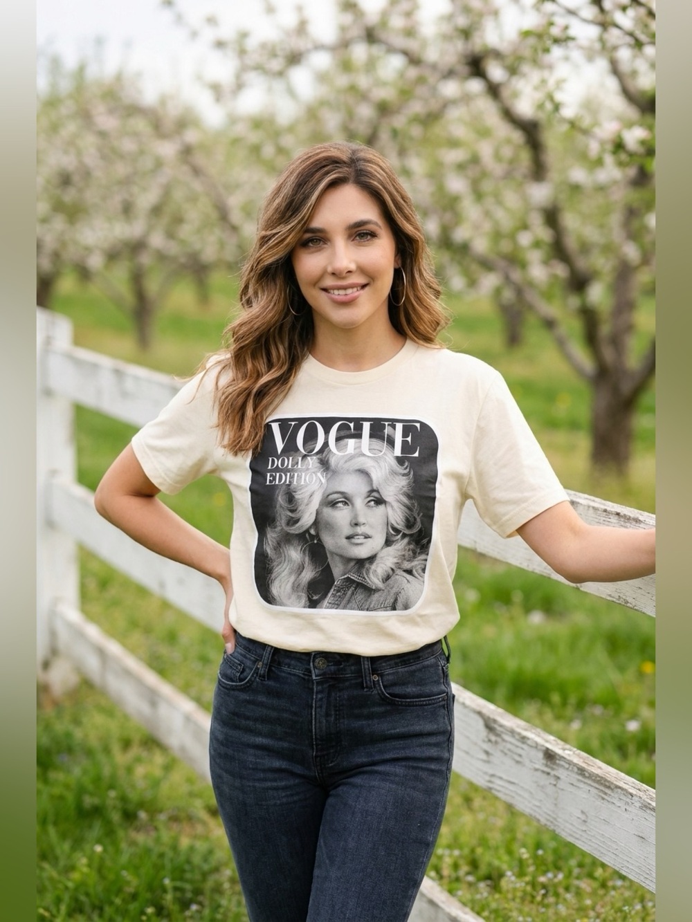 NWT Dolly Edition Vogue Cream Graphic Short Sleeve Tee Black and White Portrait